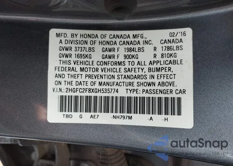 2016 Honda Civic Ex z USA, uszkodzony, nr VIN 2HGFC2F8XGH535774